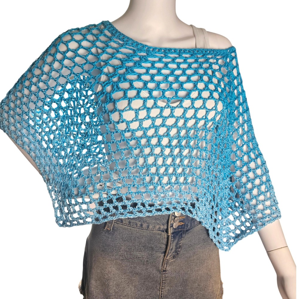 Handmade Crochet Shawl Women Teal Ombre Cotton Boho Poncho - Picture 8 of 12